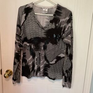 Chagall V-Neck Sweater Women‎ Medium Black Grey Excellent Abstract Sequin Print